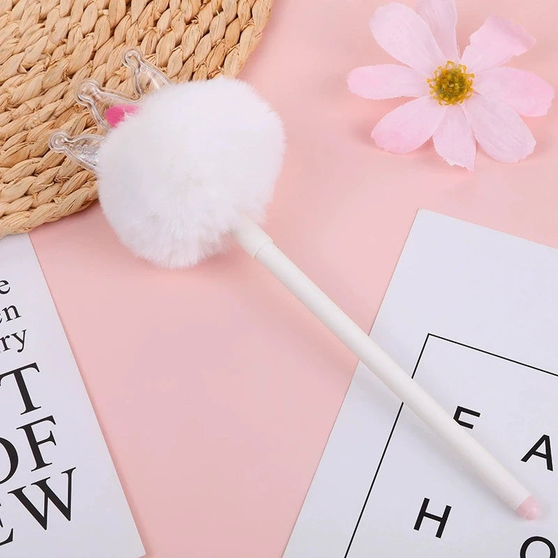 Kawaii Crown Pom Gel Pen Cute Fluffy Plush Black Ink Writing Pastel