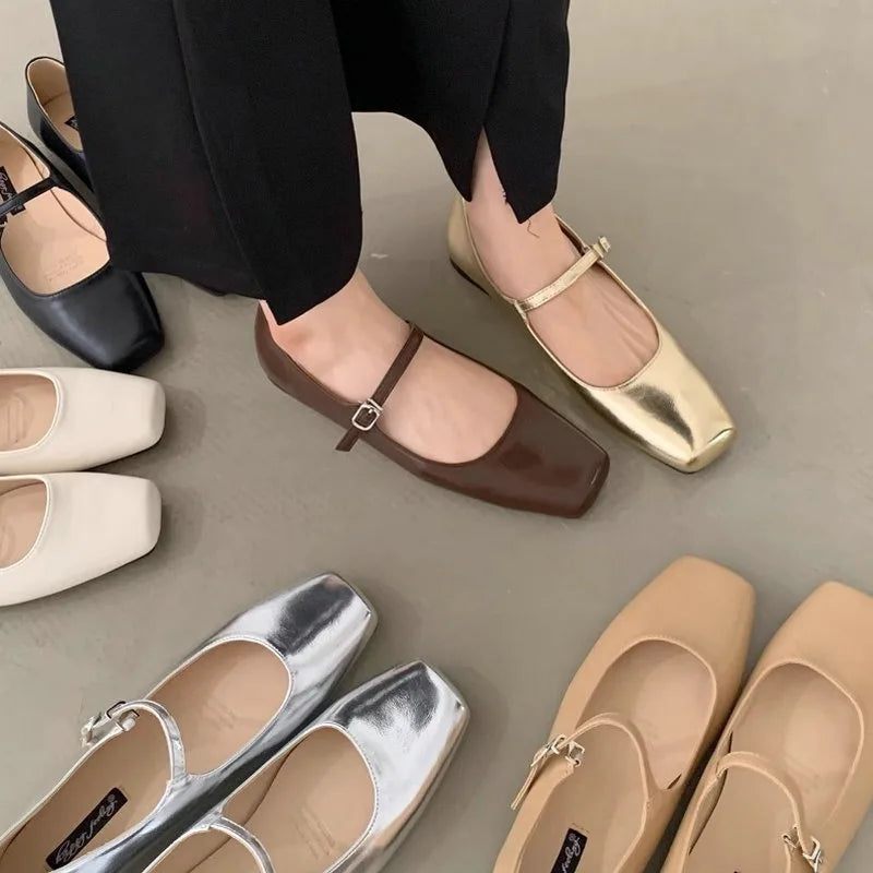 Flats Shoes for Women Spring Autumn Retro Square Toe Shallow Mouth Silver Shoe for Women New Flat Mary Jane Shoes Zpaxo
