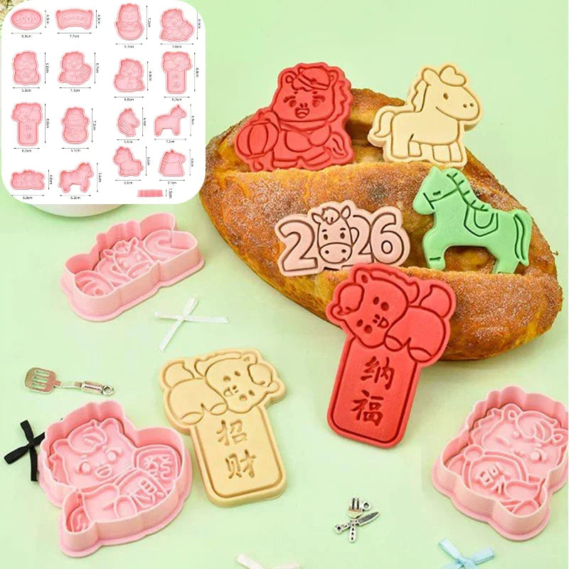 Year Of The Horse Cookie Cutters Chinese New Year 3D Cartoon Horse Shape Pressable Biscuit Mold Cookie Stamp Kitchen Baking Tool Zpaxo