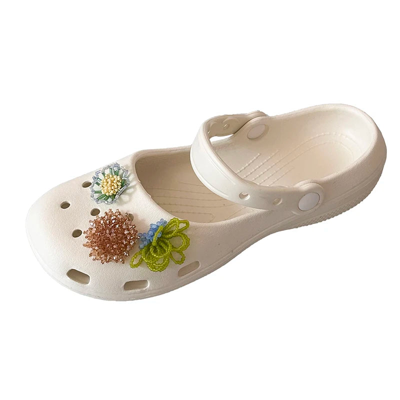 Summer Women's Slippers Luxurious Pearl Metal Flower Sparkling