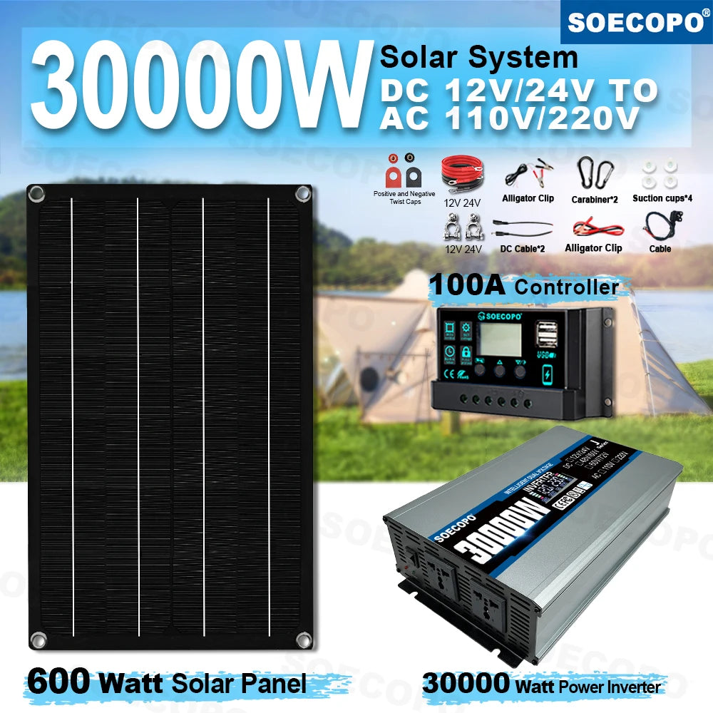 SOECOPO 30000W Complete Solar System Kit: 600W Solar Panel Inverter 2 sockets 12V/24V To 110V/220V 100A Controller Home Camping Zpaxo
