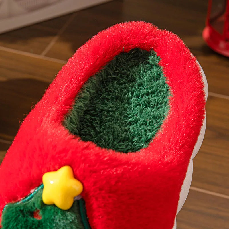 Christmas Themed Plush Slippers Women Men Cozy Home Winter Indoor