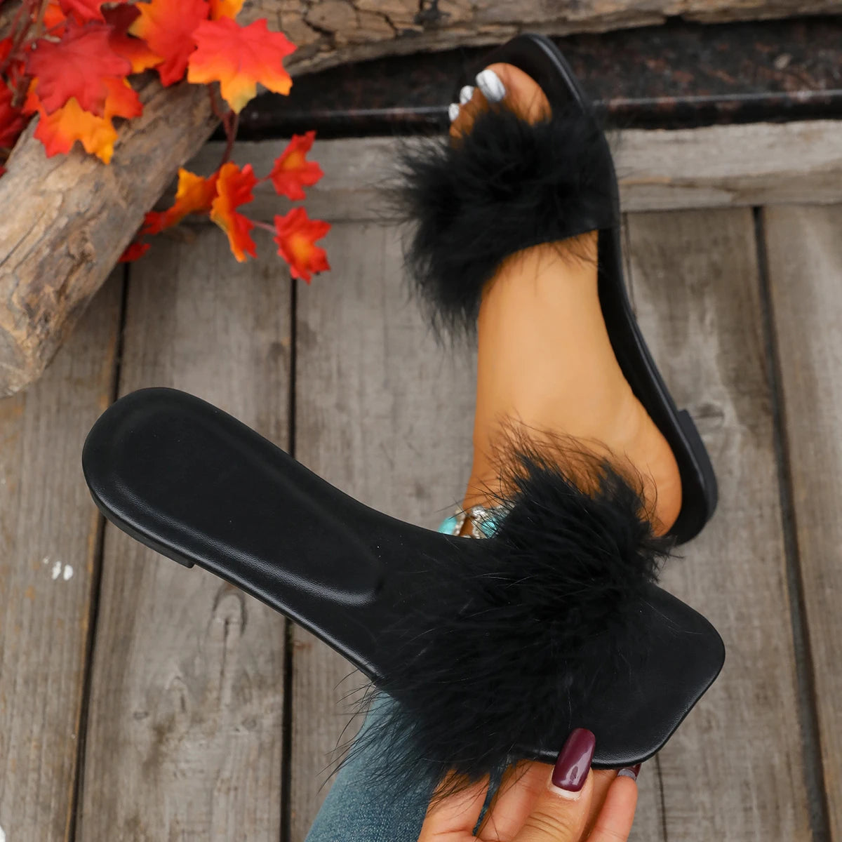 2026 New Peep Toe Women Slippers Fur Fashion Wedding Slip-On Shoes Square Toe Slippers Lightweight Luxury Sandals Slides Women Zpaxo black 40