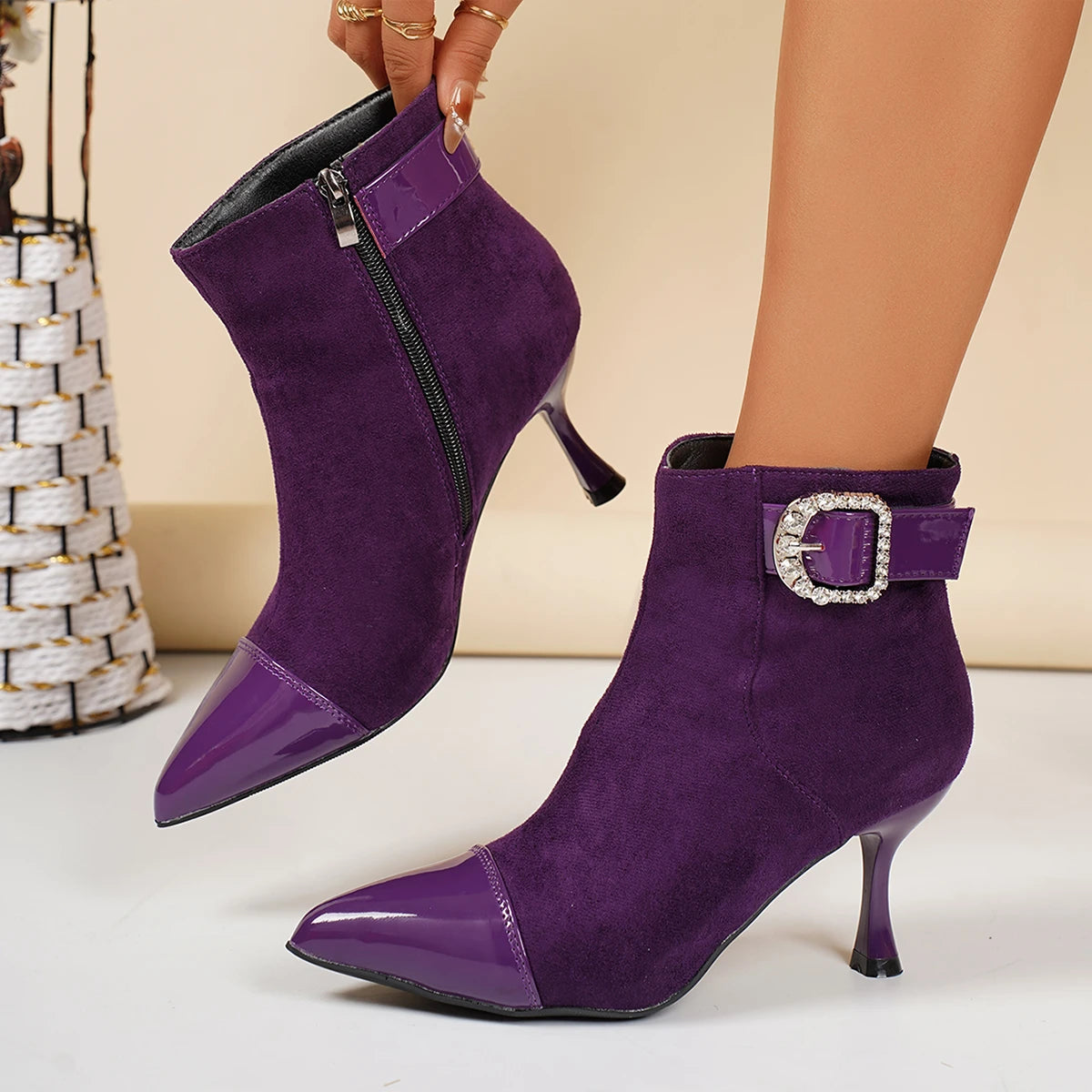 Women Ankle Boots Trendy Sexy High Heels Shoes for Women 2025 New Pointed Toe Short Boots Elegant French Thin Heel Boots Women Zpaxo PURPLE 38