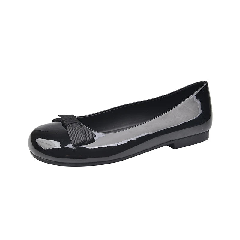Womens Black Patent Leather Round Toe Wedge Heel Ballet Flats Bow Zpaxo
