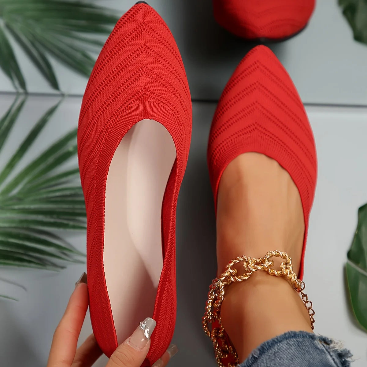 Women's Pointed Toe Flat Shoes Solid Color Knitted Slip on Shoes Casual Breathable Ballet Flats Women Flat Shoes Loafers Women Zpaxo Red 42