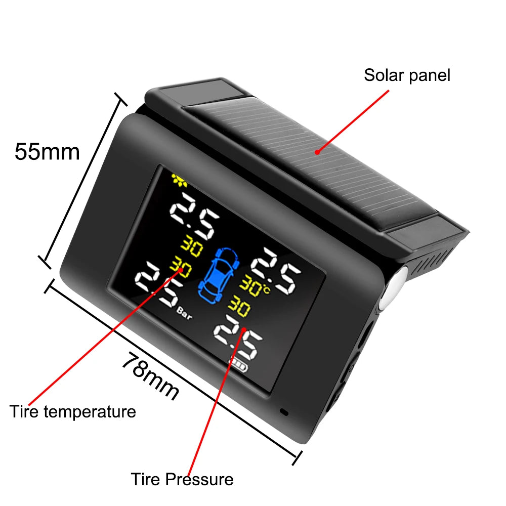 LED Display 4 External Built-in Sensors Solar Power TPMS Car Tire