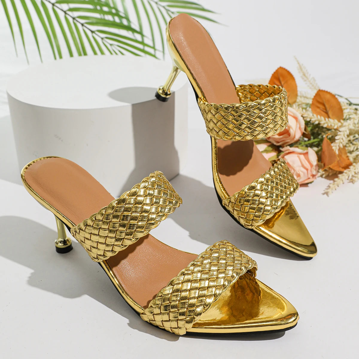 Women High Heel Sandals 2026 New Fashion Elegant Sandals Gold One-word Stiletto Heel Shoes Designer Medium Heel Shoes Women Zpaxo