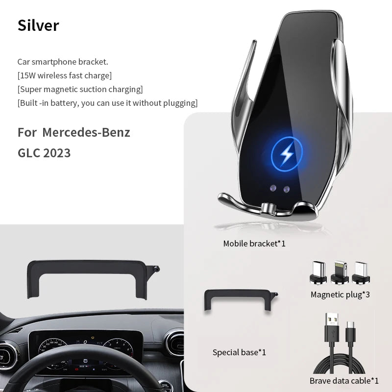 Car Phone Holder for Benz GLC 220 250 300 400EV AMG 4MATIC 2023 Screen navigation wireless charging rack accessories Zpaxo for GLC 2023 silver