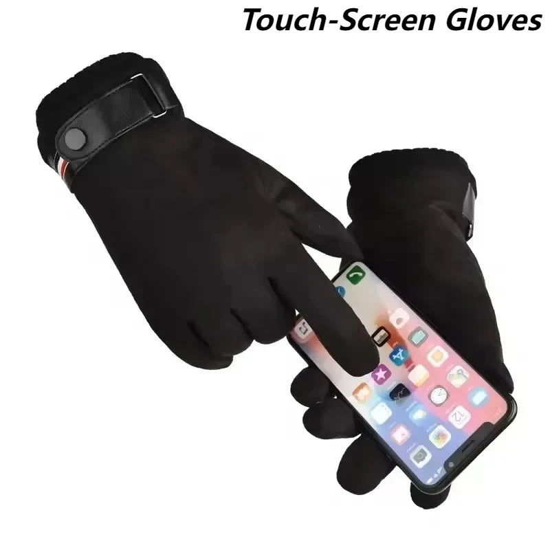 Men's Winter Windproof Warm Gloves Thickened Touch-Screen Suede Finger Gloves Outdoor Driving Buckle Ski Windproof Gloves Unisex Zpaxo