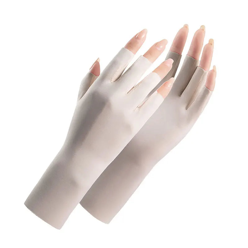 Summer sun protection gloves for women UV resistant thin nail art outdoor cycling breathable ice silk sun protection gloves Zpaxo Beige gloves