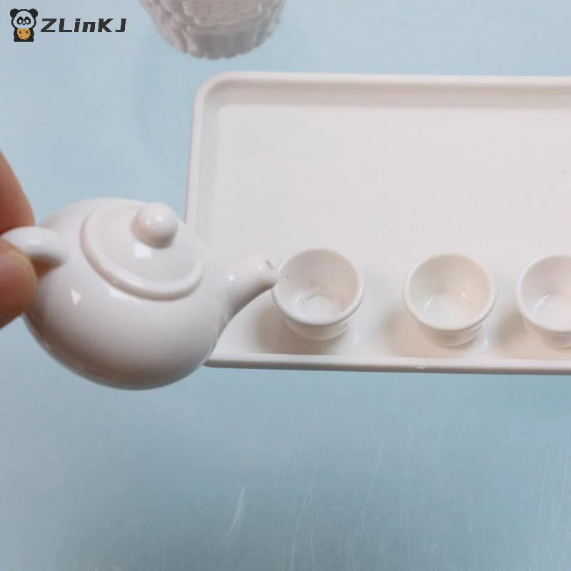▶1 Set Dollhouse Scene Accessories Simulation Tea Kit Model Tea Pot Cup Tea Table Decoration Collectible Room Ornament Zpaxo