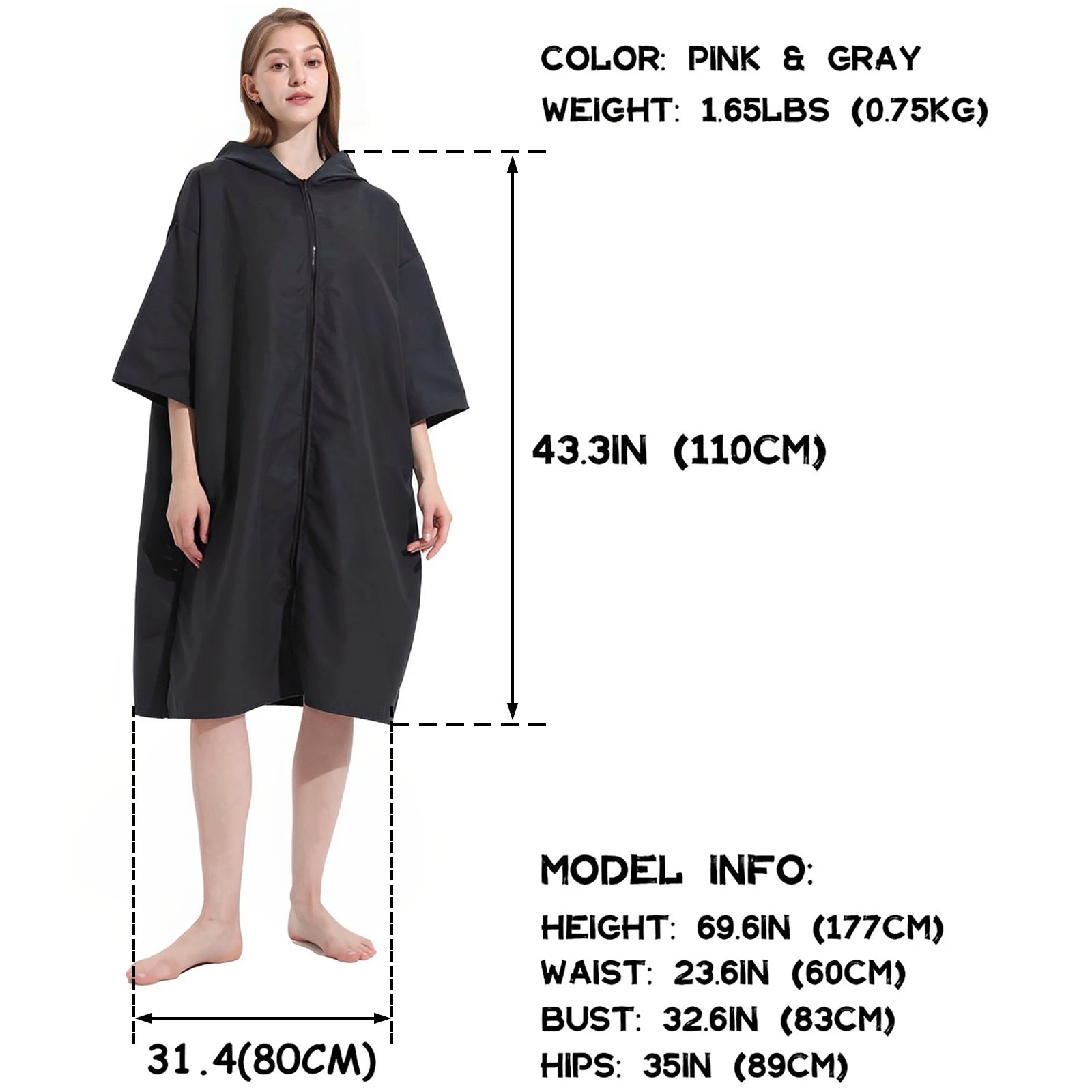 Microfiber Towel Robe Hood Poncho Quick Changing Zipper Short