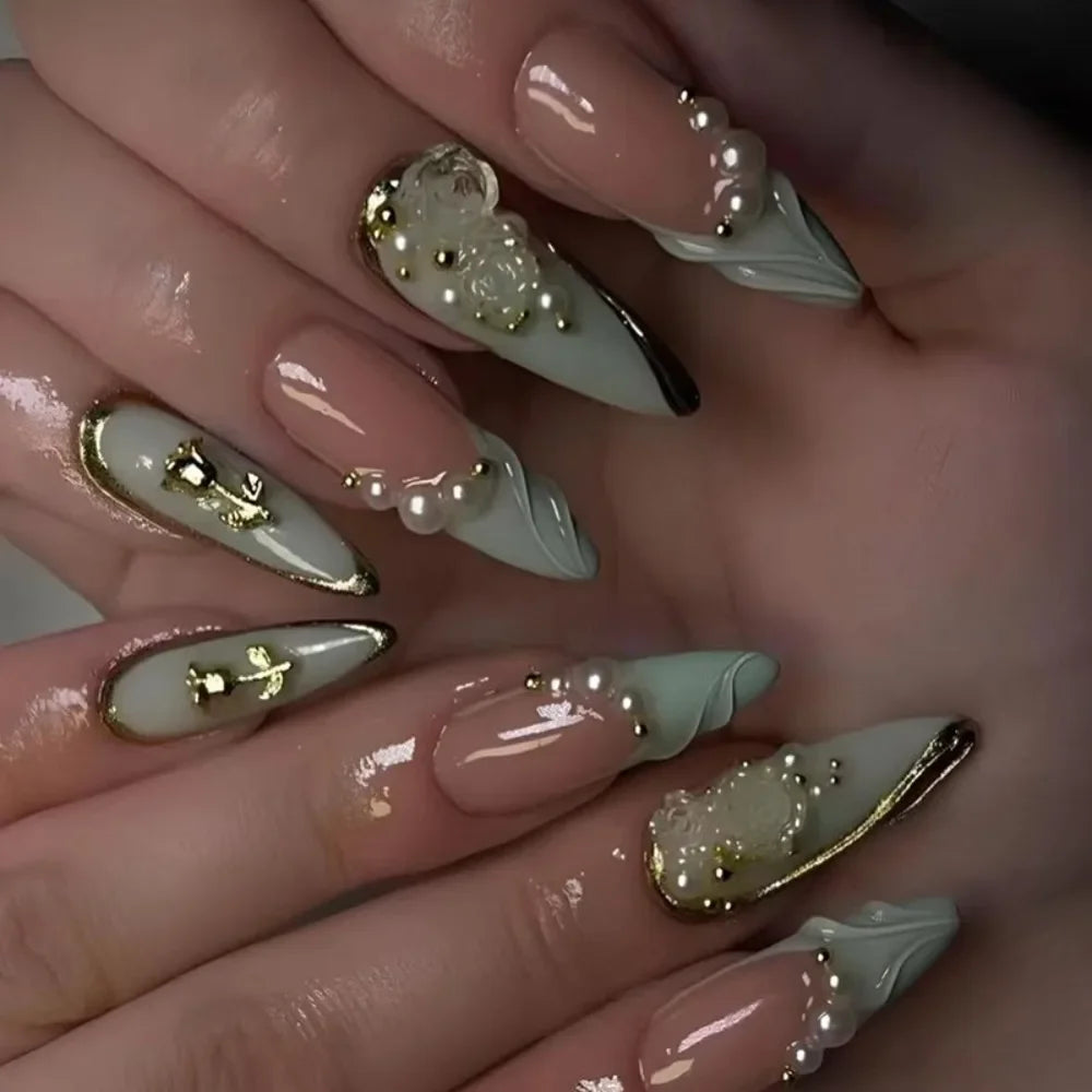 Long Almond False Nails French Leopard Star Press Fake DIY Manicure