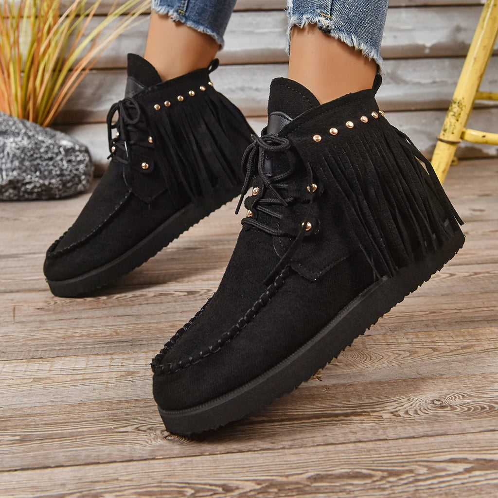 2025 New Women Ankle Boots Round Toe Snow Boots Ladies Retro Outdoor Casual Shoes Fringe Winter Comfortable Luxury Women Shoes Zpaxo