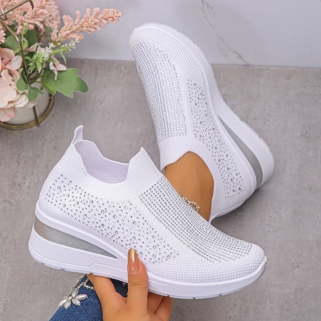 2025 New Women Sneakers Rhinestone Wedge Sneakers Women Breathable Knitted Running Shoes Woman Comfortable Slip on Sports Shoes Zpaxo WHITE 39