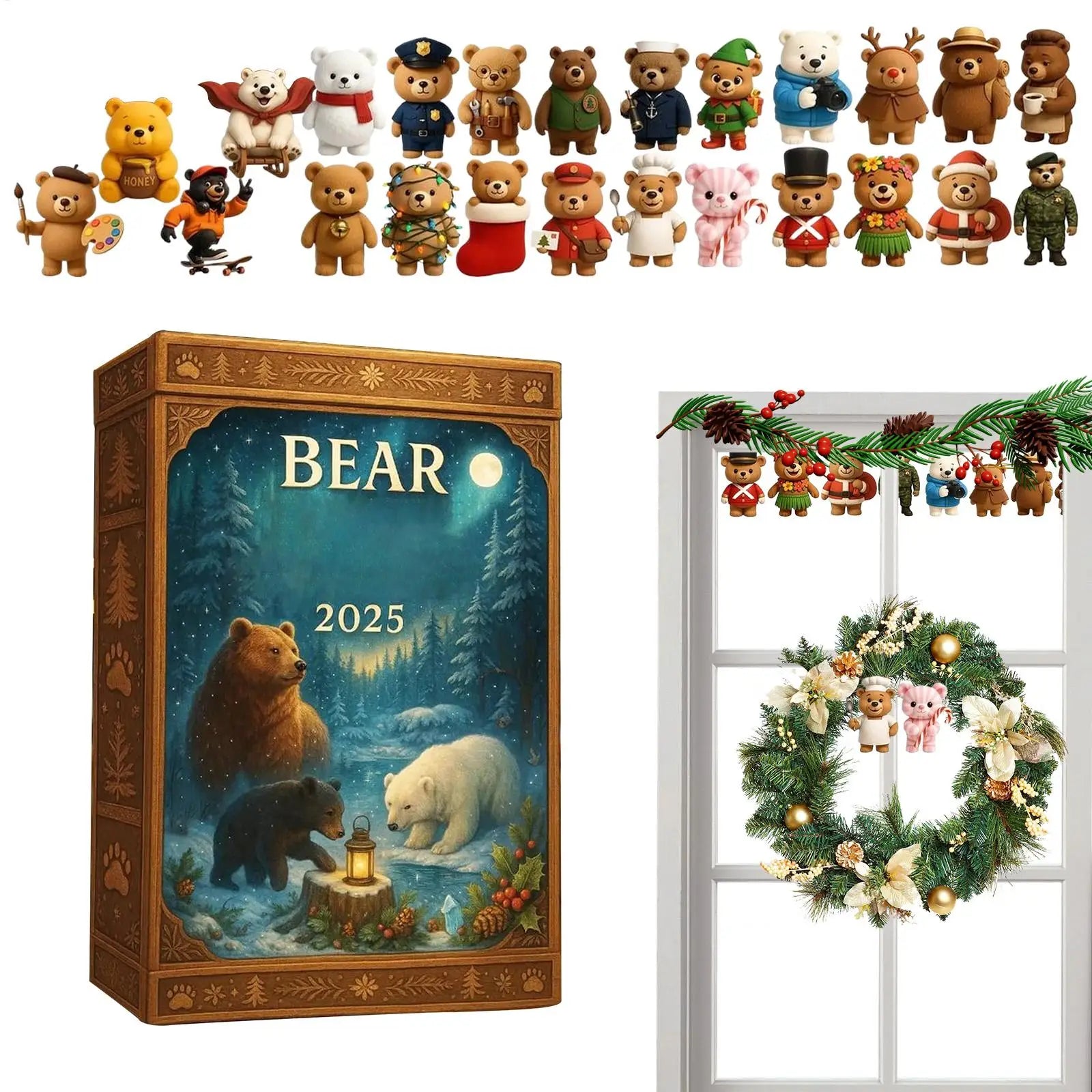 Christmas Advent Calendar Bear Theme 2D Acrylic Ornaments 24 Days