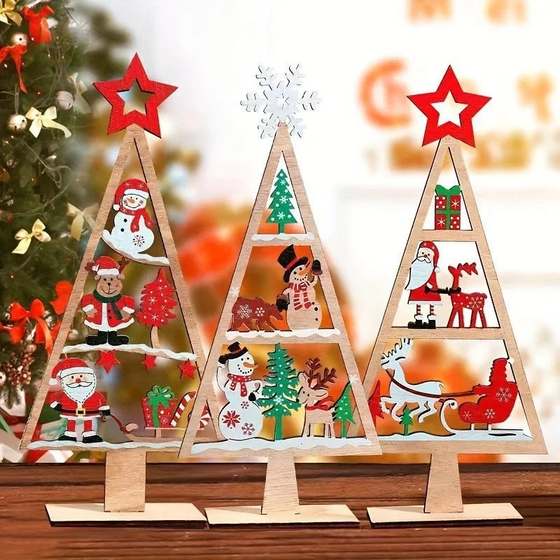 Wooden Christmas Tree Desktop Ornament – Santa & Snowman