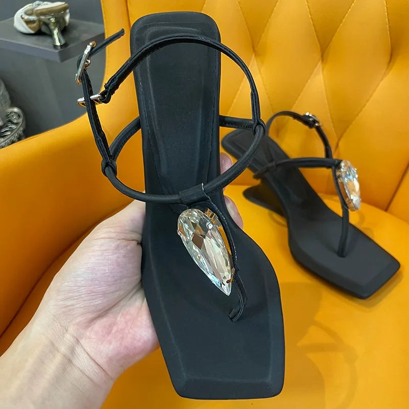 Luxury Crystal Clip Toe Wedges Sandals Women Square Narrow Strap Zpaxo
