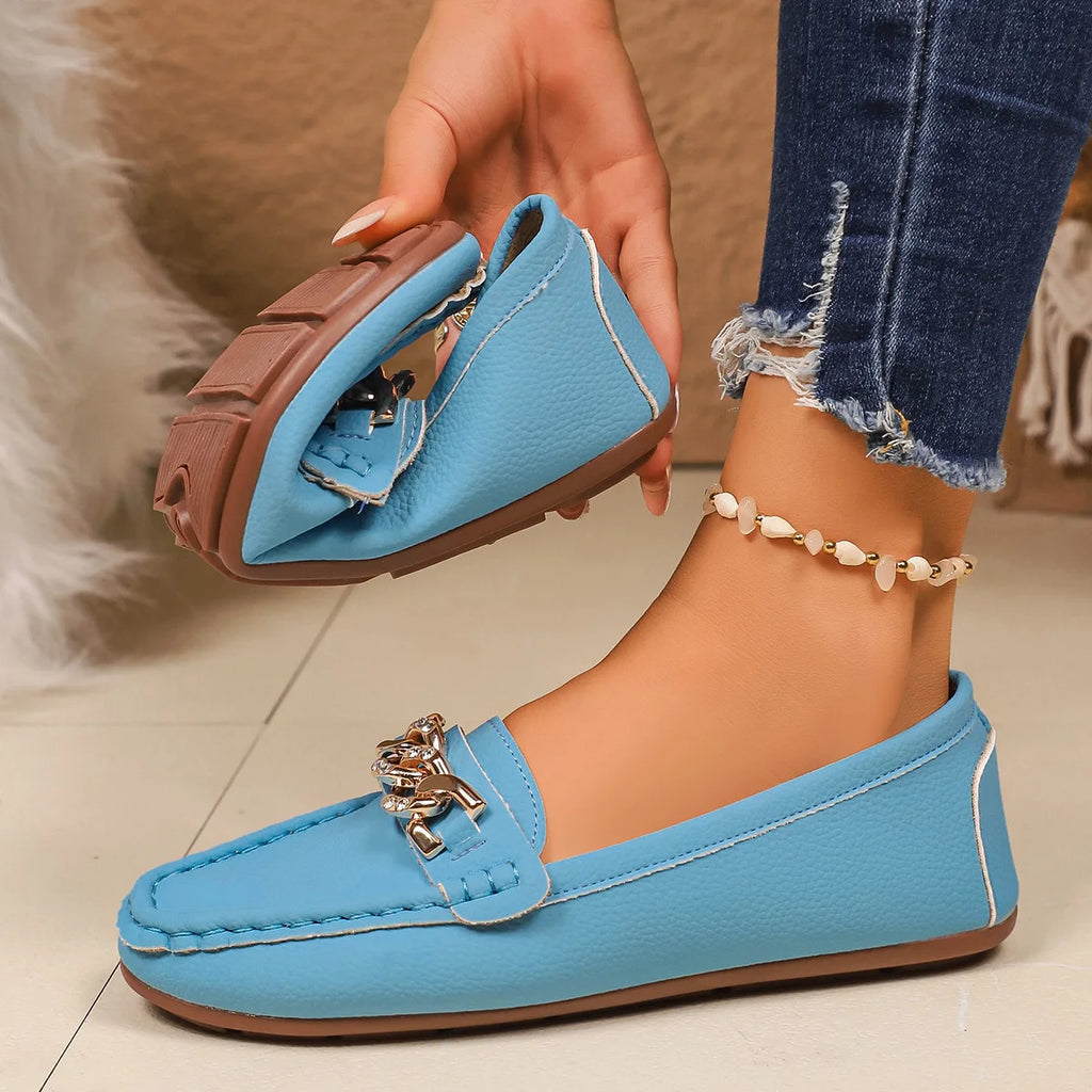 2025 New Women Loafers Round Head Comfortable Sneakers Women Trend Chain Casual Mother Shoes Spring Autumn New Bean Shoes Female Zpaxo Blue 35