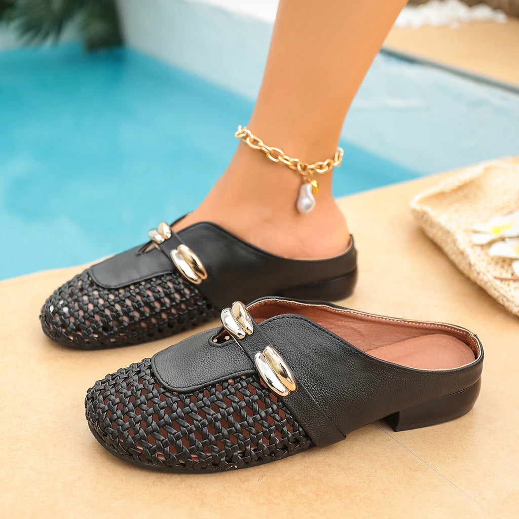 Women Sandals Muller Half Dragged Outerwear Height Increasing Baotou Sandals Summer Knit Hollow Hole Shoes Round Toes Slippers Zpaxo