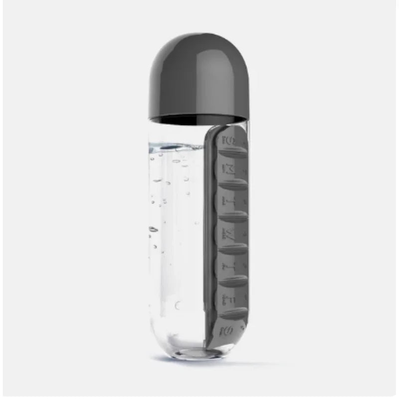 2 in 1 600ml 7 Grids Medicine Box Water Cup Sports Plastic Water Bottle Combine Daily Pill Boxes Organizer Drinking Bottles Zpaxo 0.6L black