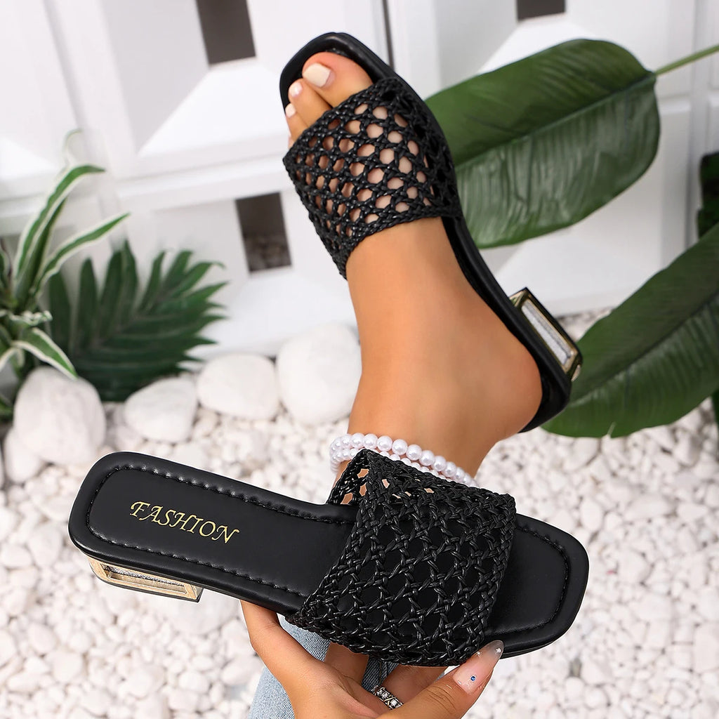 Women Sandals European American Style Shoes Woven Hollow Square Heel Sandals Summer Comfortable Women Slippers zapatos de mujer Zpaxo