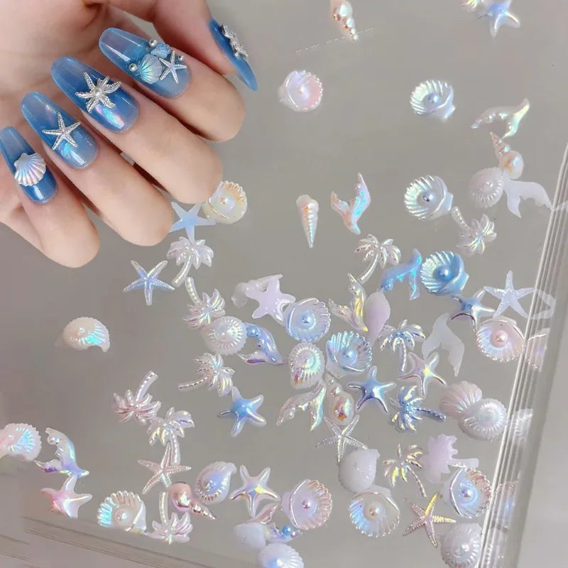 3D Ocean Nail Art Charms Aurora Shell Starfish Mermaid Tail Decors