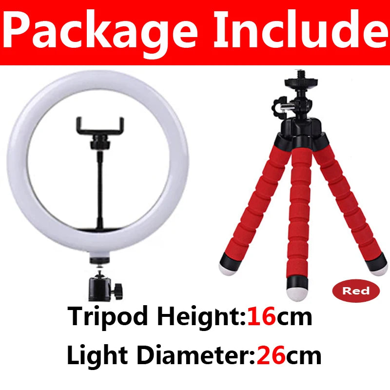 LED Selfie Ring Lighting Photographic Lamp Fill Light Mini Tripod Zpaxo A-26cm Red