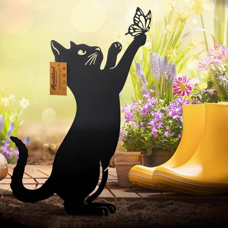 Black Cat Silhouette Garden Decorative Ground Plug Metal Handmade