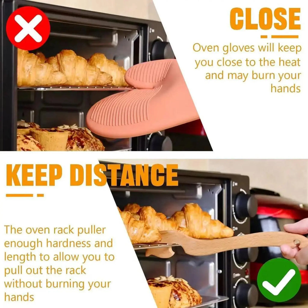 Oven Rack Puller Tool Wooden Long Handle Heat Safe Kitchen Gadget