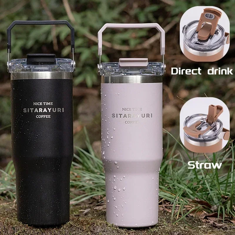 Stainless Steel Tumbler Straw Insulated Thermos Coffee Cup Handle