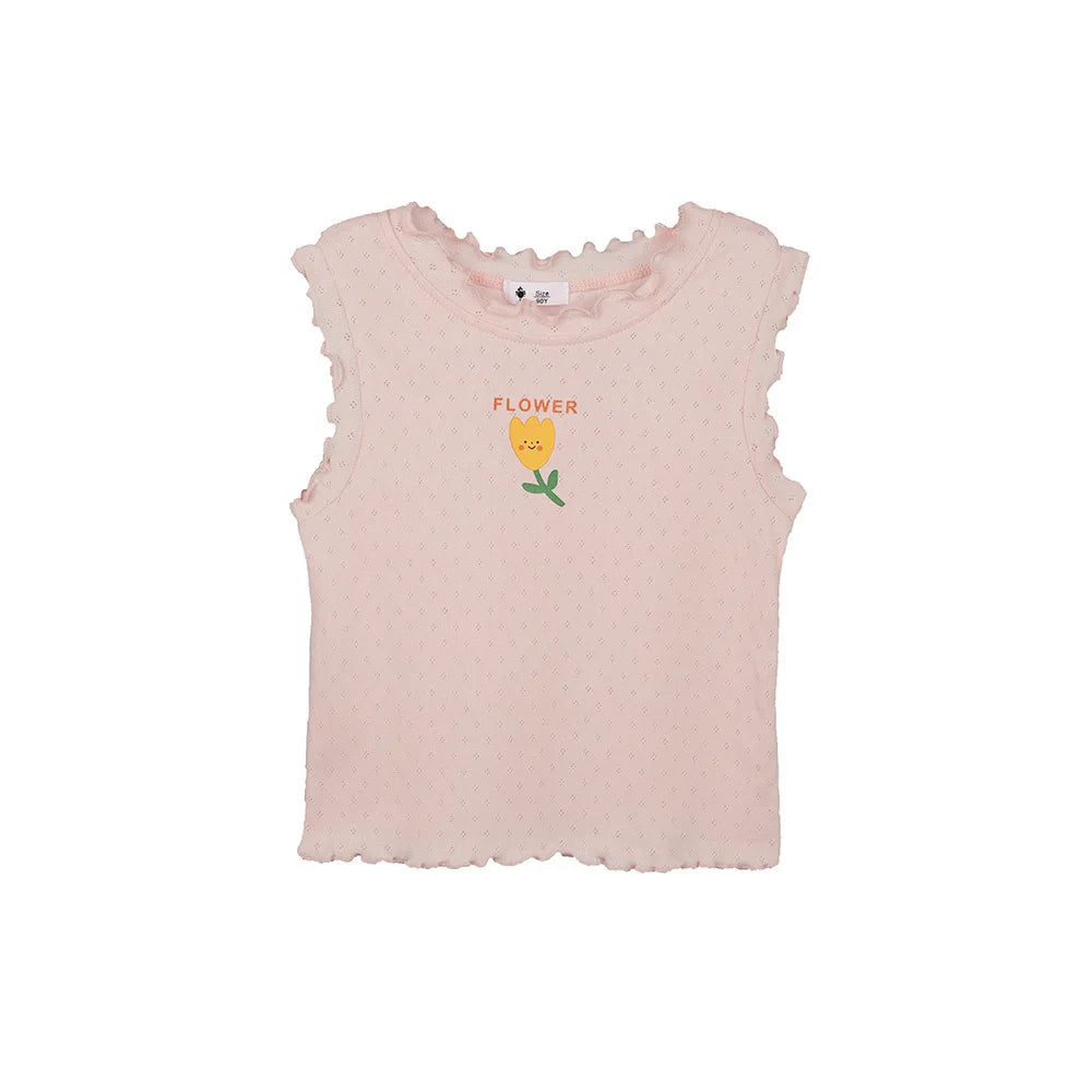 Children's vest summer new product girls cartoon hollow T-shirt baby wide printed sleeveless lace top Zpaxo