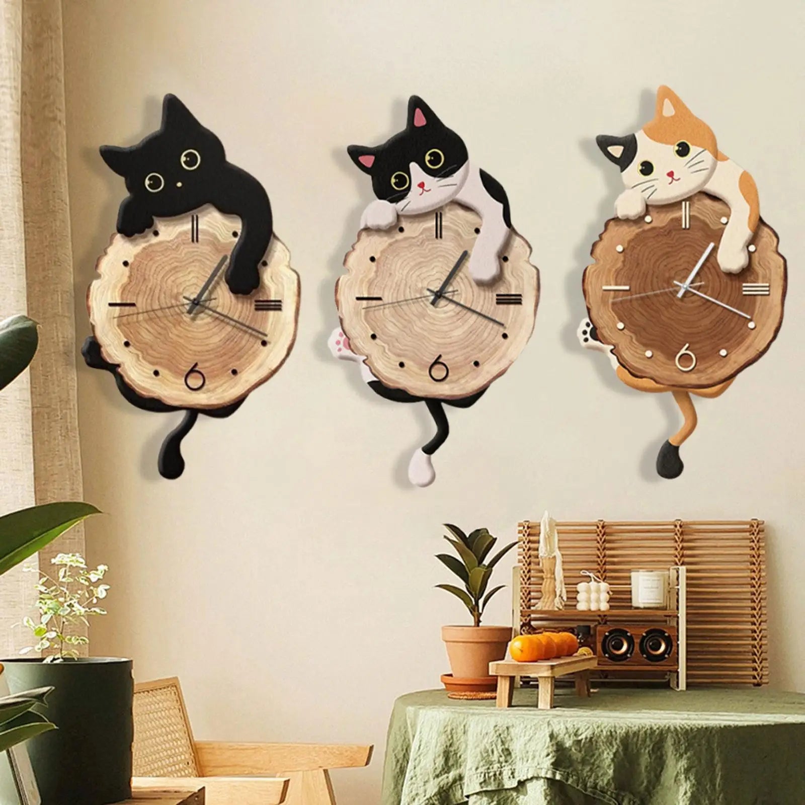 Creative Fun Cat Wall Hanging Clock Stylish Cute Pendulum Decorative Clock Wall Ornament for Bedroom Kids Room Home Decor Gift Zpaxo