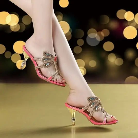 Summer Rhinestone Sandals Leather Glitter Women Open Toe Heels Party Zpaxo Rose red heel8cm 41(Foot 25.5cm) China Mainland