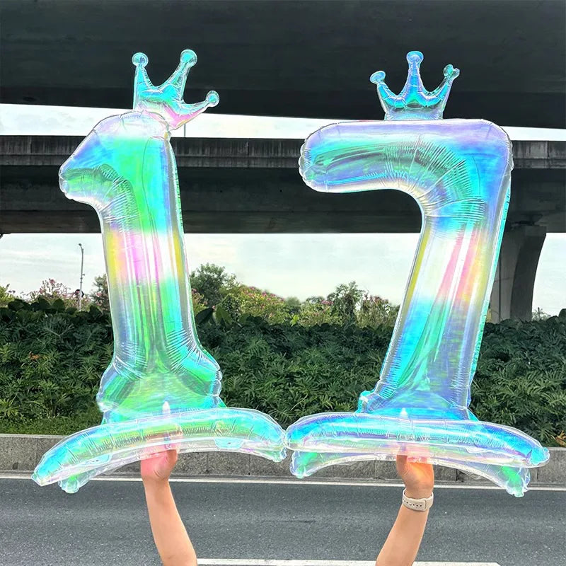 Iridescent Transparent Standing Number Balloons Crown 0-9 Digital