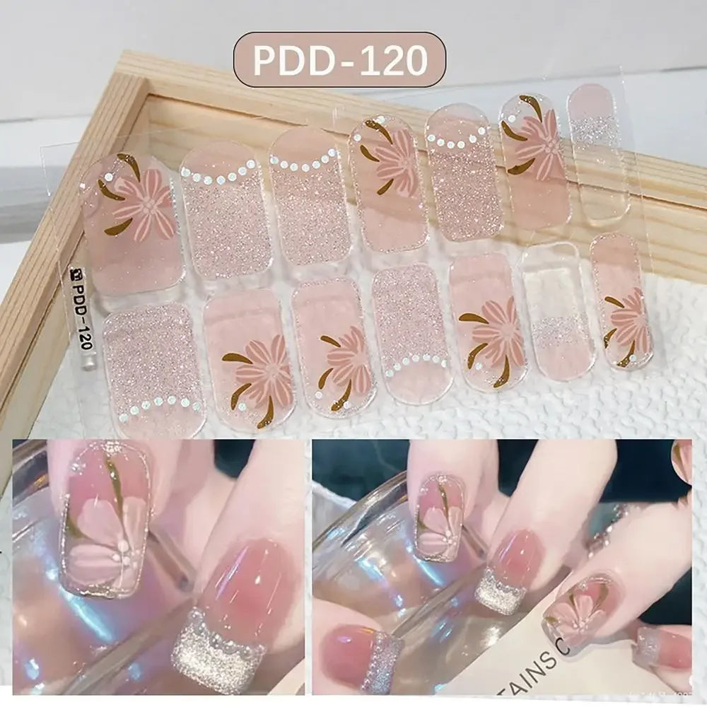 14Strips Gel Nail Stickers Full Cover Floristic Art Semi Cured Polish
