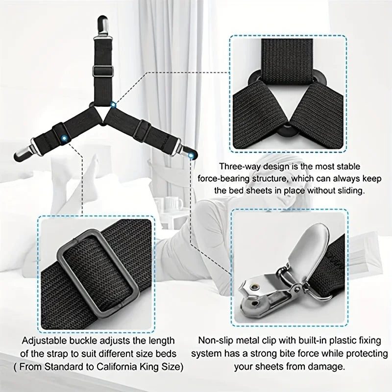 Black Knitted Sheet Straps 4-Pack Adjustable Bed Fasteners Gripper