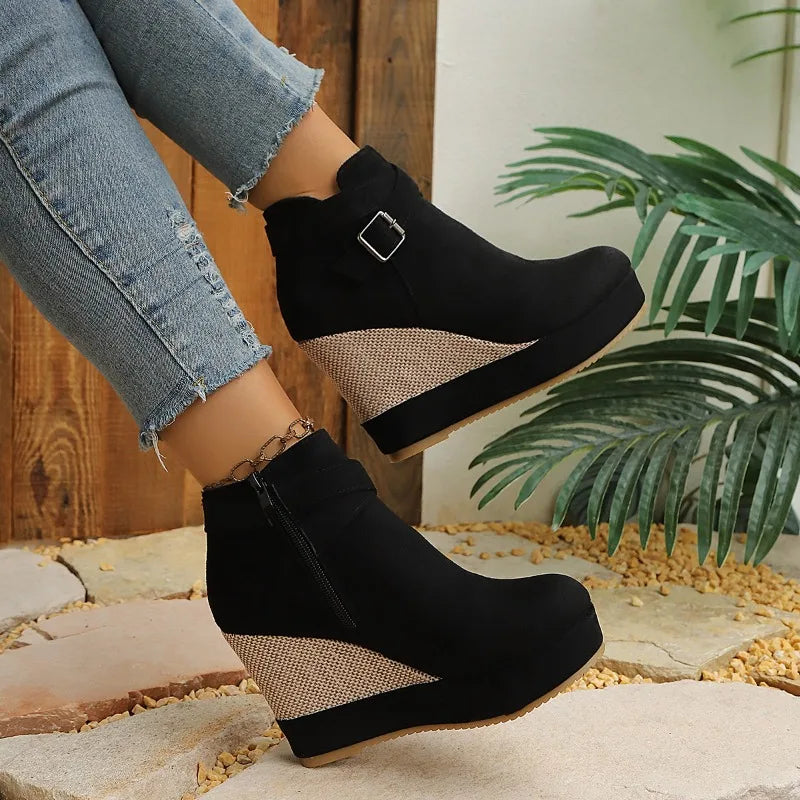 2026 Spring Autumn Women's Vintage Side Zipper Wedge Heel Boots Women Zpaxo