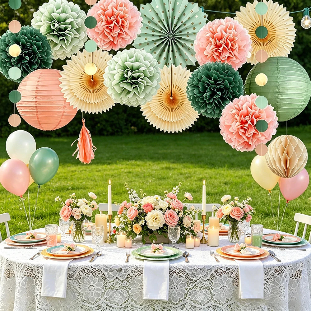 Sage Green Peach Pink Paper Lantern Tissue Pom Poms Party Hanging