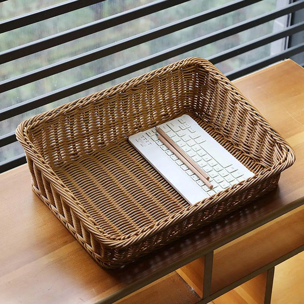 Handmade Woven Storage Boxes Straw Baskets Rectangle Cosmetic Gadgets