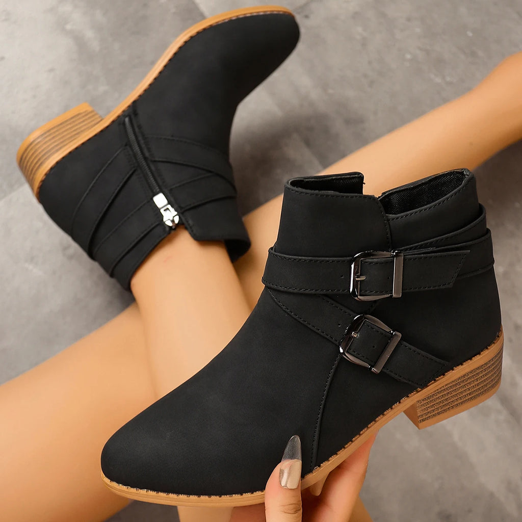 Autumn Winter Women Boots Large Size Medium Heel Ankle Boots Thick Heel Fashion Shoes Women Retro Round Toe Short Boots Women Zpaxo