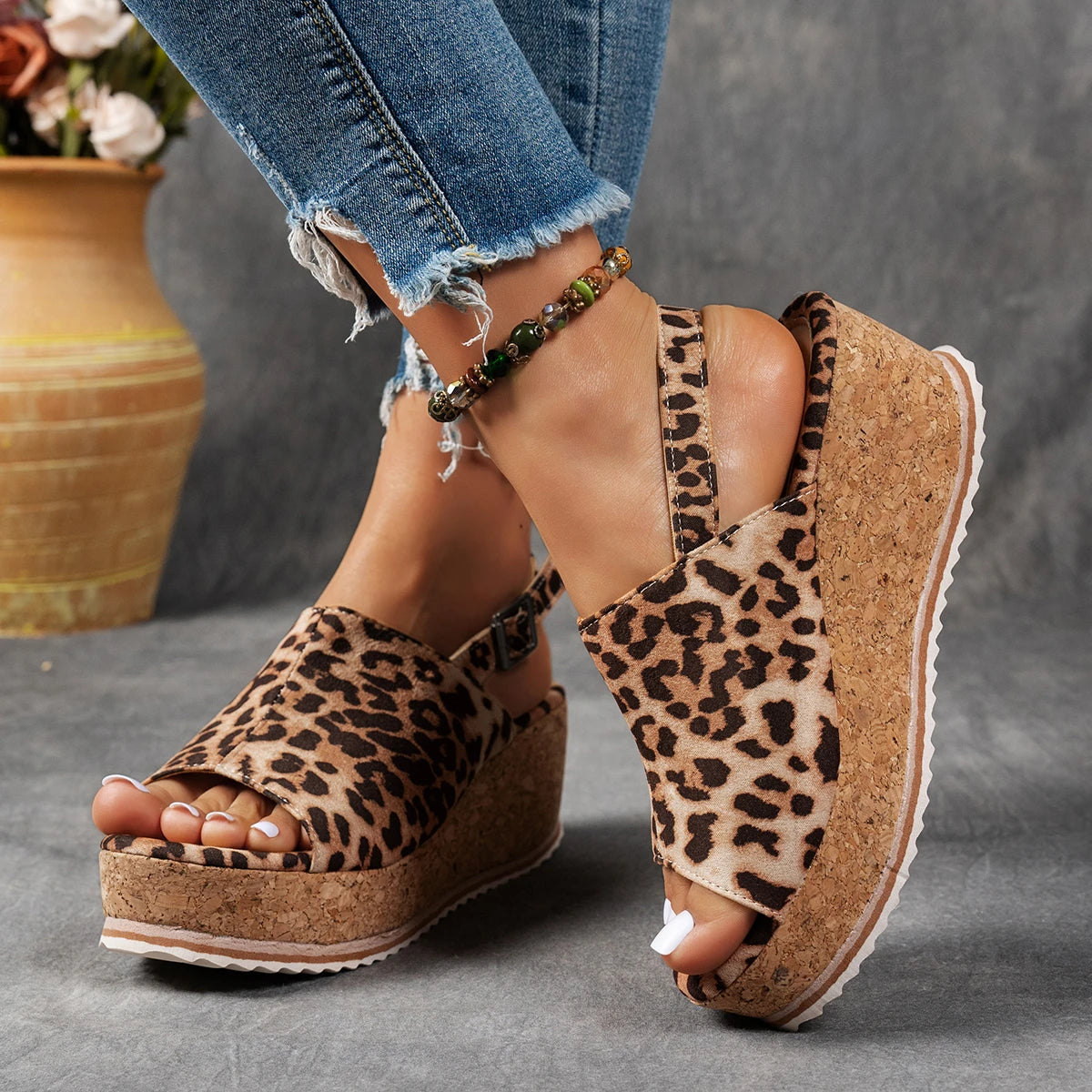 Women Buckle Decor Heel Wedge Sandal Mujer Pleated Leopard Sandals Zpaxo Brown leopard print 41