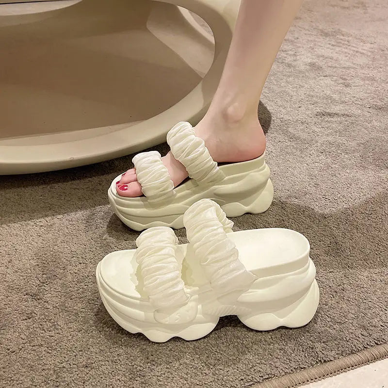 CINESSD Summer Platform Slippers Women Blue Pleated Riband Discolor Zpaxo