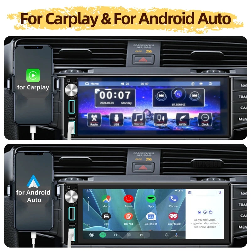 HIPPCRON Car Radio 1 Din Box Wired Carplay Android Auto Display
