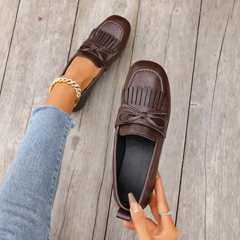 Women's Flat Shallow Mouth Lightweight Comfortable Loafers Women Bow Zpaxo dark brown 42