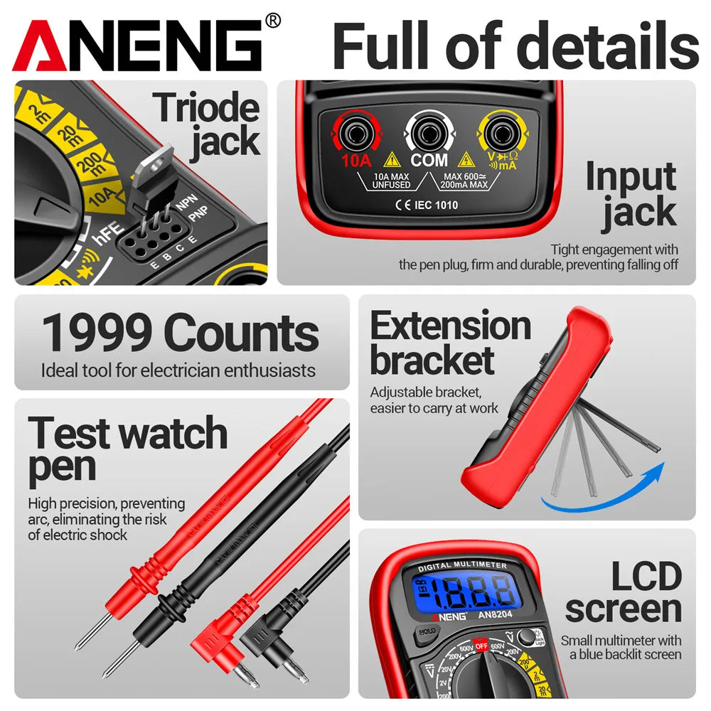 ANENG AN8204 Multimeter AC DC Voltage Current hFE Triode Buzzer