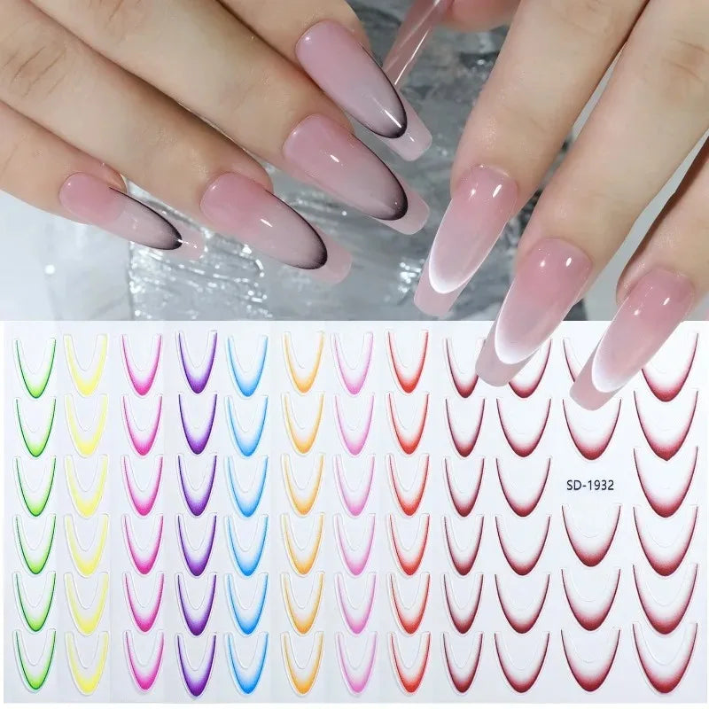 French Gradient Line Nail Art Stickers 3D Self-Adhesive White+Black Slider Design Nail Tip Stencil Manicure Guide DIY Nail Decor Zpaxo