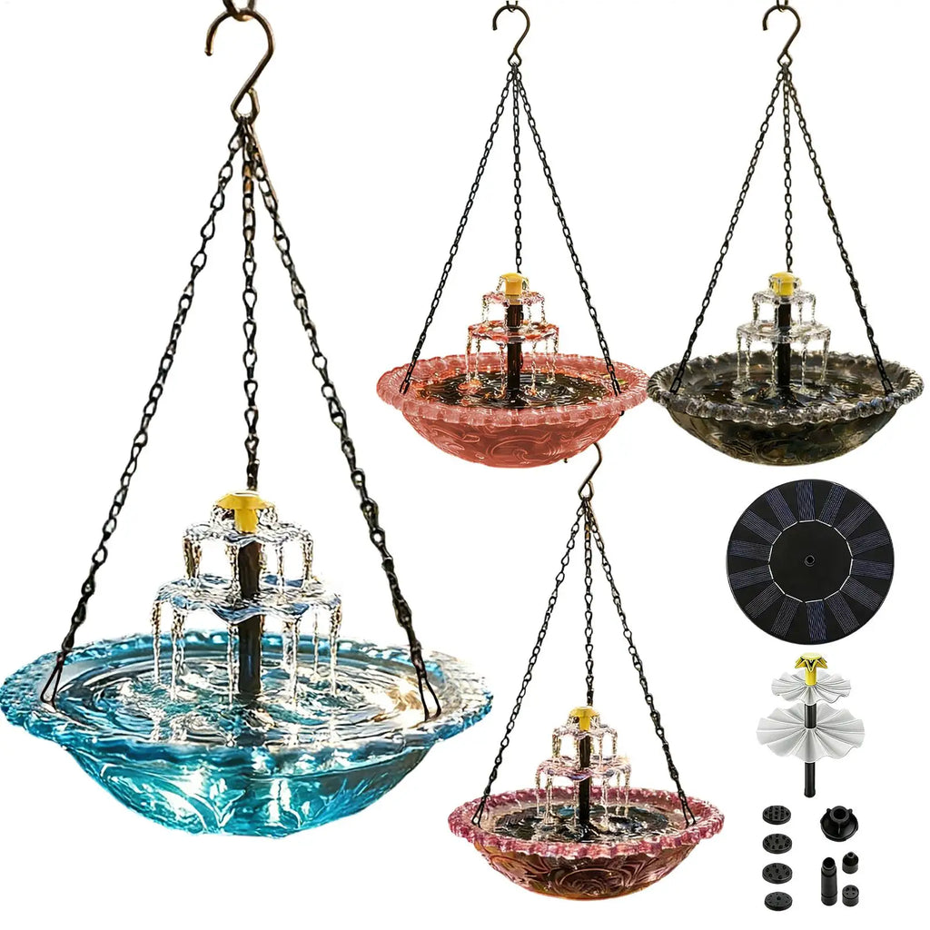 Solar Bird Bath Fountain Pump Sprinkler Glass Bowl Hanging Outdoor