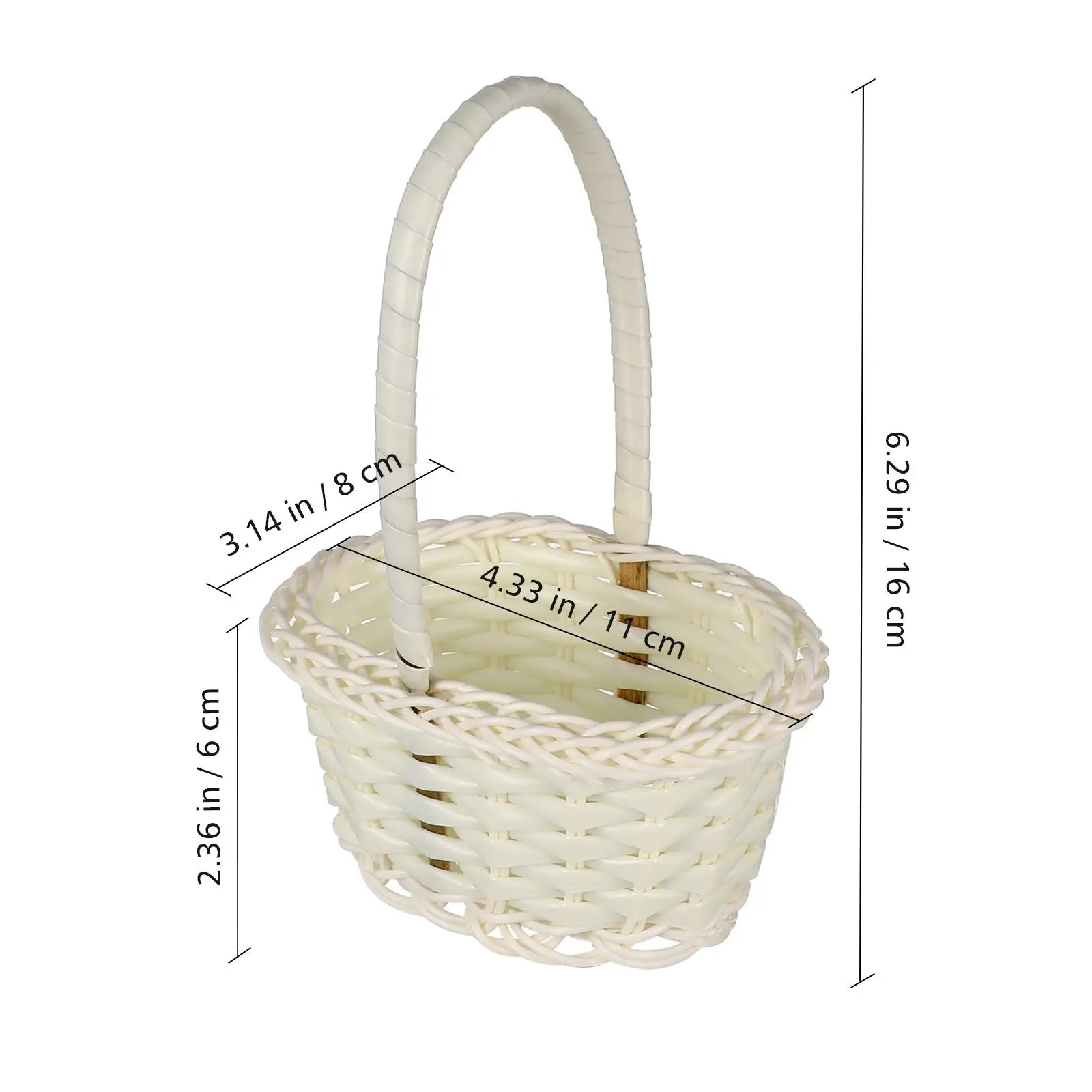 Woven Rattan Basket Round Handheld Storage Long Handle Picnic Flower